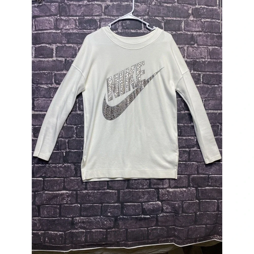 Nike Sweatshirt Women Small White Rally Metallic Fleece 652 Long Sleeve Gym Yoga